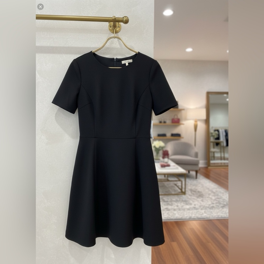 Three Dots Black Ponte A-Line Dress Fit Flare Gold Zip Career